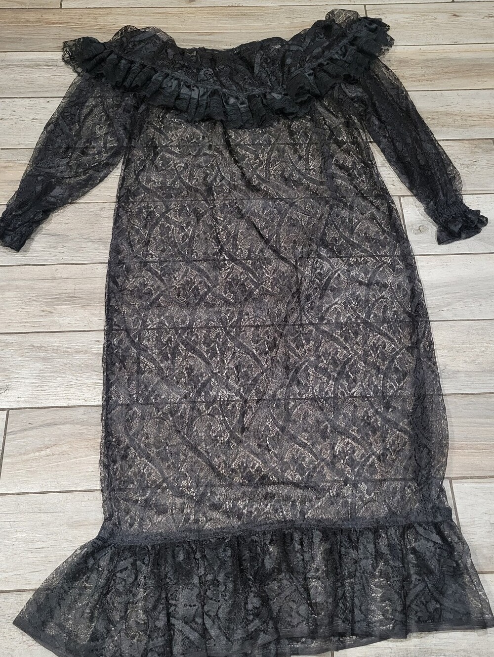 Black Sheer Lace Off Shoulder Maxi Long Sleeve Dress Ruffled Gothic Romantic
